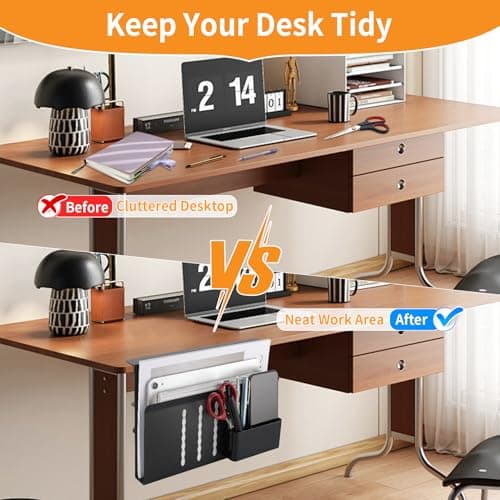 Henitol Desk Side Storage with Pen Holder, No Drill Hanging Desk Organizer Under Desk Storage Mount, Clamp-On Laptop Holder Table Side Tray Desktop Organization for Office and Home (Black) - Thumbnail 4