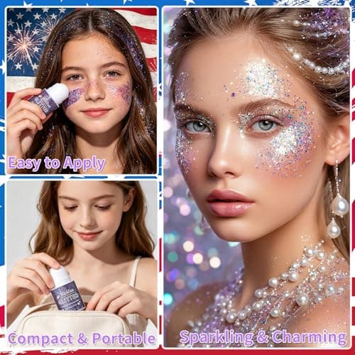 Red White and Blue Body Glitter Gel,4th of July Accessories Roll-on Face Glitter,Sparkling Face Hair Glitter for 4th of July Outfits Women Kids,Patriotic Glitters President's Day Rave Festival Makeup - Thumbnail 4