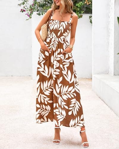 PRETTYGARDEN Womens Summer Dresses 2026 Casual Spaghetti Strap Ruffle Smocked Flowy Floral Spring Maxi Dress with Pocket(Khaki,X-Large) - Thumbnail 3
