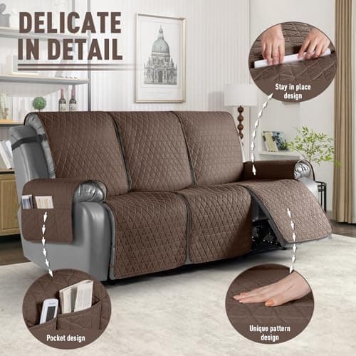 TAOCOCO 100% Waterproof Recliner Couch Covers, Non Slip Recliner Covers that Stay in Place, One-Piece Washable Reclining Sofa Cover for 3 Seater with Elastic Straps, Brown - Thumbnail 6