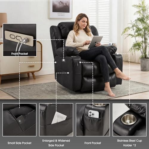 Kasunpul Oversized Power Lift Recliner with Massage and Heat for Elderly, Heavy Duty Reclining Chair, Faux Breathable Leather, Includes USB/Type-C Ports, 2 Cup Holders& Remote Control, Black - Thumbnail 3