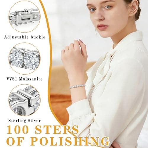 Moissanite Tennis Bracelet For Women,Platinum Plated Silver Bracelet,VVS1,Round Cut Moissanite Bracelet,Hypoallergenic,Bezel 7In,with Gift Box,Birthday Anniversary Jewelry for Wife, Mom and Her (7, Inches) - Thumbnail 4