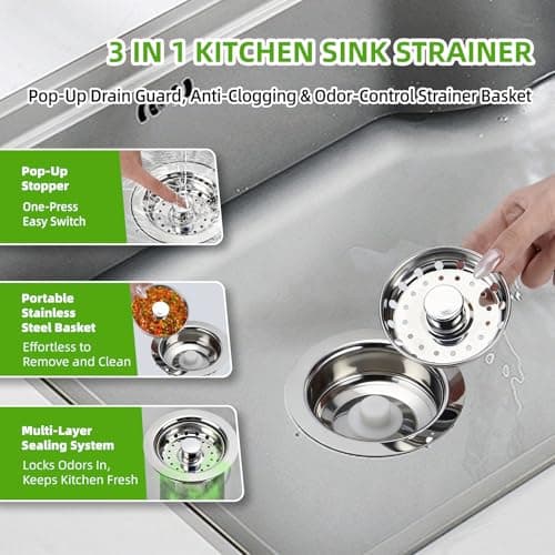 3 In 1 Kitchen Sink Drain Assembly, Stainless Steel Basket Strainer, 3-1/2 Inch Sink Drain Stopper Plug, Threaded Plastic Sink Strainer Tailpiece 1-1/2 in - Thumbnail 3