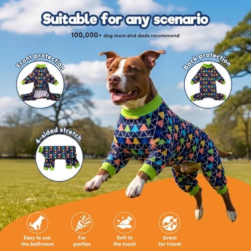 LovinPet Dog PJS Onesies for Medium Dogs, Blue Triangle Print, Post Surgery Shirt, UV Protection, Pet Anxiety Relief, Wound Care Onesie for Large Dog,Large - Thumbnail 3