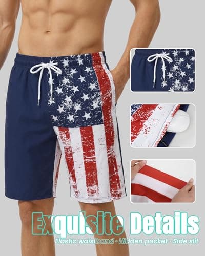 9 Inch 9in Men Swim Trunks Compression Liner Quick Dry Drawstring Male Swimwear Swimsuit Swimtrunks Boardshorts Bathing Suit Fair Beach Water Shorts Mesh Pocket Lined Inseam Harbor American - Thumbnail 6