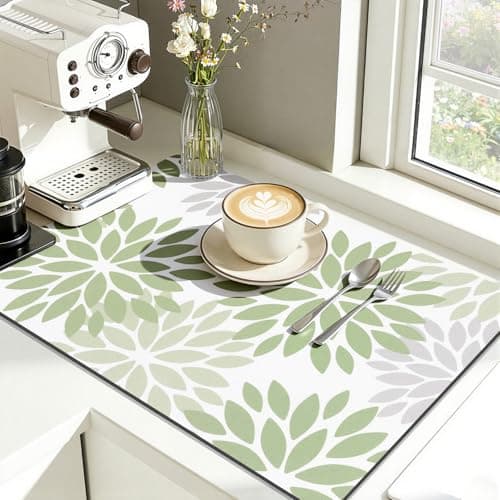 Findosom Floral Dish Drying Mat, 12" x 20" Super Absorbent & Hide Stain Coffee Mat, Cuttable Drying Mat for Kitchen Counter, Under Dish Rack, Coffee Maker, Espresso Machine, Sage Green - Thumbnail 6