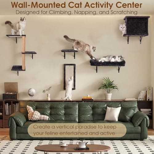 Cat Wall Shelves 5-in-1 Cat Wall Furniture Set for Large Cats, Floating Wall Mounted Cat Climber with Steps, Condo, Scratch Pad and Scratching Post, Space Saving Cat Shelves for Indoor Cats - Thumbnail 5