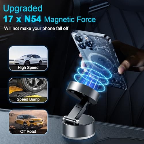 OOCC Vacuum Magnetic Phone Holders for Your Car, 360°Rotating Adjustable Magsafe Car Phone Mount, Foldable Magnetic Car Phone Holder for All Smartphones & All Car Models, Silver Grey - Thumbnail 4
