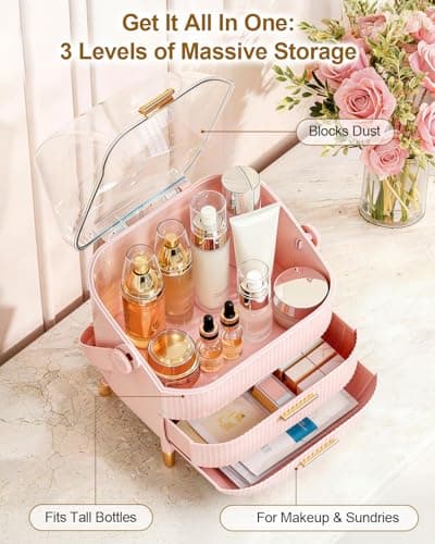 Bleutty Makeup Organizer with Drawers & Lid - Portable Large Cosmetic Storage Case for Vanity Countertop, Travel, Gift for Women, Girls, 11"×7"×15", Pink - Thumbnail 2