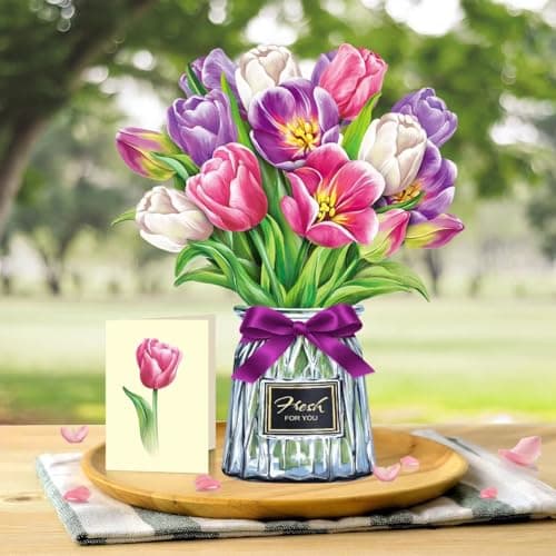 Airpark Pop Up Flower Card, 3D Paper Flowers Bouquet, Mother's Day, Birthday, Thinking of You, Thank You, Spring Greeting Cards with Note Card & Envelope, Tulip - Thumbnail 4