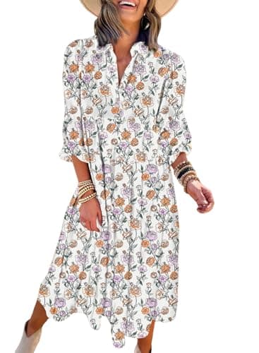 Dokotoo Womens Clothes Sun Dresses Casual Spring Midi Dress Bohemian Long Puff Sleeve Flowy Dresses Sexy V Neck Ruffle A Line Boho Beach Dress for Beach Vacation Clothes Medium White - Image 1