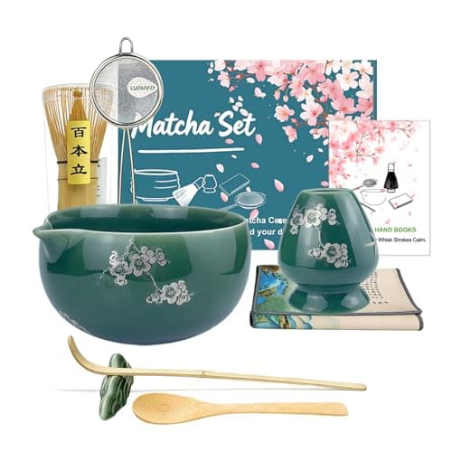 Matcha Whisk Set, Ceramic Matcha Kit Set Includes Matcha Bowl, Matcha Whisk and Holder, Bamboo Scoop and Spoon, Scoop Rest, Sifter and Tea Towel - 8 Pcs Matcha Kit for Matcha Lovers, Green