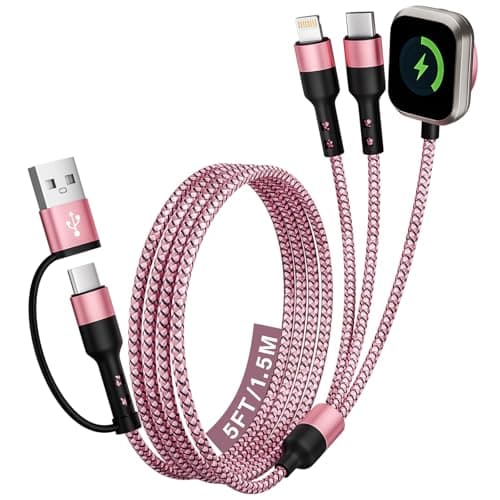 Travel Essentials for Women, 3 in 2 USB A/C Multi Charger to iPhone 17 Charger/iWatch Charger/IP, Multi Charging Cable USB Multiple Charger for iWatch Series & iPhone 17-11/iPad-5FT Black/Pink Braided - Image 1