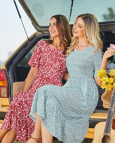 STYLEWORD Women's Summer 2026 Casual Short Sleeve Tiered Flowy Maxi Spring Dress Long Midi Beach Sundress Vacation Hawaiian Outfits(Floral18,S) - Thumbnail 3