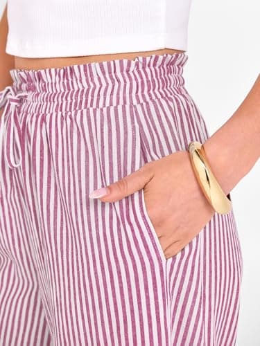 ANRABESS Womens Striped Gingham Palazzo Capri Pants Pajama Wide Leg Lounge Trousers Plaid Cute Crop PJ Bottoms with Pockets Red White Stripe X-Large - Thumbnail 4