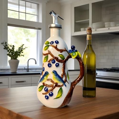 Hand-Painted Ceramic Relief Olive Oil Bottle Dispenser, with Handle Decorative Olive Oil Dispenser Bottle, Kitchen Ceramic Oil Vinegar Bottle Seasoning Bottle with Stainless Steel Spout & Funnel - Thumbnail 6