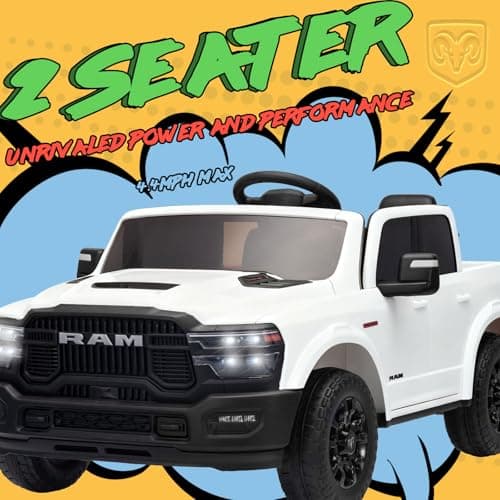 KerryYoo SQ7 Licensed RAM 24V Kids Electric Car Ride On Toys with Parent Remote Control, Spring Suspension, Storage Bed, Off-Road Electric Truck - White - Thumbnail 2