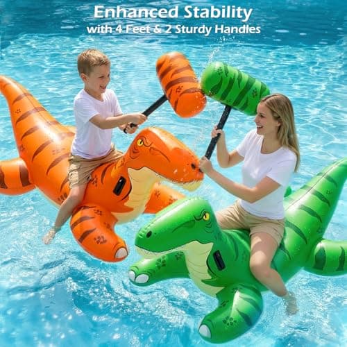 Jasonwell Pool Games Toys Floats -2Pack Inflatable Dinosaur Pool Floats with Blow Up Toy Hammers Ride on Pool Floaties for Kids Teens Adults Lounge Raft Summer Lake Beach Party Decorations (GN&Org XL) - Thumbnail 4