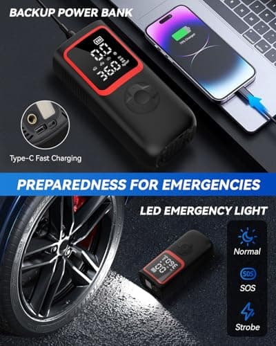 Tire Inflator Portable Air Compressor - 150PSI Portable Tire Inflator with Pressure Gauge, 4X Faster Portable Air Compressor for Car Tires, Air Pump with LED Light for Car, Motorcycle, Bike - Thumbnail 6