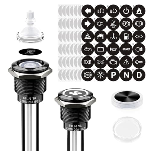 FILN 2PCS 22mm Momentary Push Button Switch,20A on Off Switch 12v-24v IP67 Waterproof Marine Switches for Car, Boat, Motorcycle, DIY Enthusiasts(White, 185 Replacement Symbols, Black Shell) - Image 1