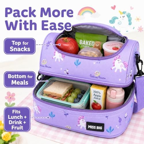 MISS BIG Kids Lunch Bag for Girls, Unicorn Insulated Lunch Bag with Two-Tier Storage, Adjustable Shoulder Strap, Lunch Box Bag for Kids, School, Daycare, Picnic, Travel - Thumbnail 6