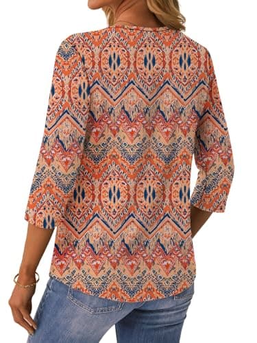 NORACORA 3/4 Length Sleeve Womens Tops Crew Neck Loose Fit Shirts Pleated Cute Clothes Dressy Casual 2026 Summer Tunics Boho XL - Thumbnail 4
