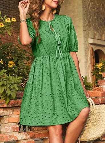 Dokotoo Dark Green Dress Women 2026 Fashion V Neck Embroidered Summer Dress Elegant Hollow Out Eyelet Tie Front Cotton Dress Short Sleeve Casual A Line Mini Dresses X-Large - Thumbnail 4