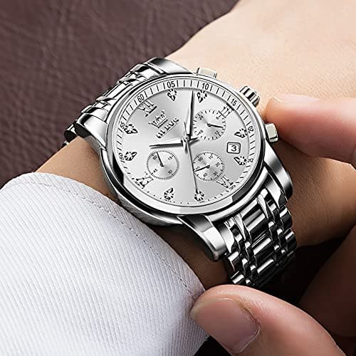 OLEVS Watch Men Silver Watches for Men Stainless Steel Analog Quartz Mens Watches Dress Waterproof Metal Band Luxury Wrist Watch for Man with Day Date Diamond Large Face Chronograph Reloj para Hombre - Thumbnail 2