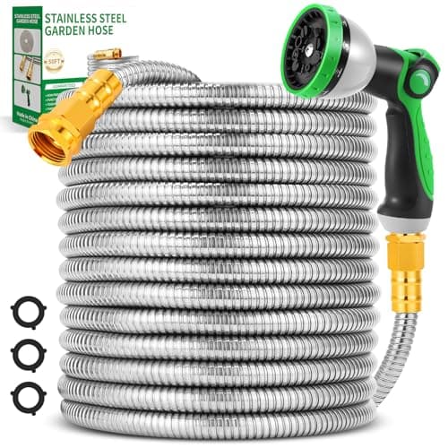 Toolasin Water Hose 50ft, Flexible Stainless Steel Metal Garden Hose with 10-Function Nozzle, No-Kink, Leak-Proof, Anti-Pets, Wear-Resistant, 3/4 GHT, Easy to Use and Store for Garden, Yard, Outdoor