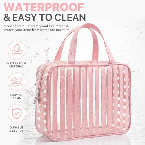 Edelefas 3 Pack Clear Pink PVC Travel Toiletry Bags - TSA Approved Waterproof Makeup Organizer Set with Handle, Striped Cosmetic Pouches for Airplane Gym and Daily Use - Thumbnail 5
