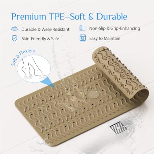 Non Slip Bathtub Mat & Shower Mat, 31x15'' Anti Slip Bath Mat for Tub, Soft TPE Anti-Skid Bathroom Mat with 194 Suction Cups & Drain Holes, Wave-Textured Grip, Machine Washable,Brown - Thumbnail 6