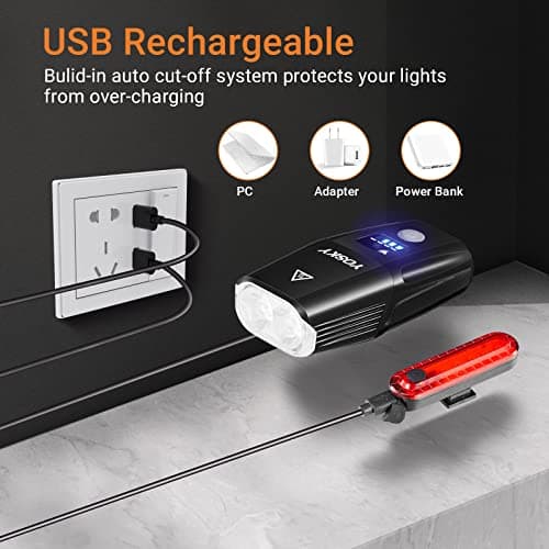 Yosky USB Rechargeable Bike Light Set - EVO 5400mAh Smart Bike Headlight and Tail Light - Super Bright Bike Light Front and Back for Adults Kids Men Women Night Riding - Thumbnail 5