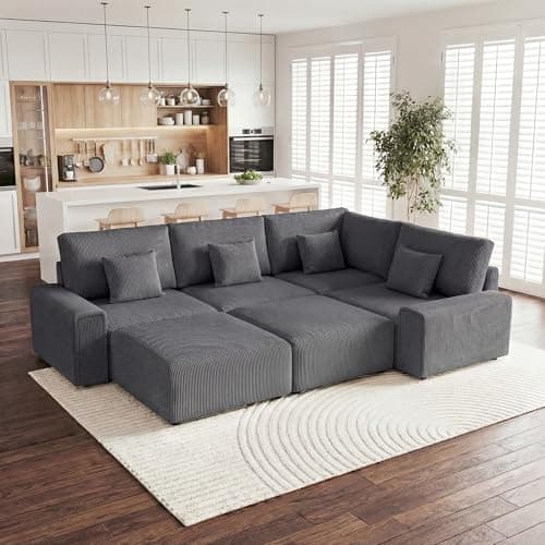 Luxury Oversized Corduroy Modular Couch, Comfy U-Shaped Cloud Sectional Sofa with Deep Seats, Moveable Ottomans, Modern Minimalist Sleeper Sofa for Living Rooms (6-Seater U Shaped, Grey) - Thumbnail 4