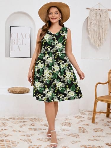 AusLook Plus Size Women Summer Dress Sleeveless V Neck Casual Cute Loose Sundress Black Yellow Lily 3X Comfy Swing Button Down Midi Work Flowy Tunic Ladies Beach Vacation Teacher Dresses with Pockets - Thumbnail 4
