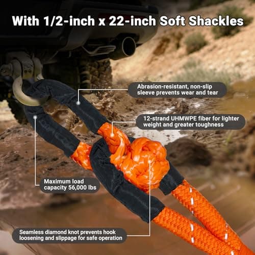 DAJOUJS Kinetic Recovery Tow Rope 7/8" x 30ft Tow Strap 48500lbs Snatch Strap with 2Pcs Soft Shackles 56000lbs Break Strength Heavy Duty Kinetic Towing Rope for Truck ATV UTV Offroad Recovery Rope Kit - Thumbnail 6