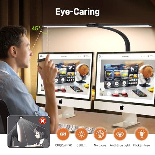 LED Desk Lamp for Home Office, Eye-Caring Desk Light with Clamp, 24W Double Head Architect Task Lamp Stepless Dimming, Flexible Gooseneck Bright Table Lamp for Study Reading Workbench Drafting - Thumbnail 4