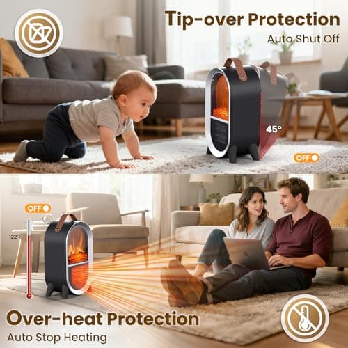 Riseon Portable Electric Fireplace Heater, 1500W/750W Mini Space Heater for Indoor Use with 3D Flame, Thermostat, Carry Handle, Overheat & Tipover Protection, for Home Office Bedroom Desk, Black - Thumbnail 3