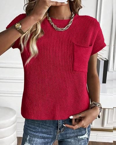 KIRUNDO Summer Fall Short Sleeve Sweater for Women 2026 Casual Sweater Vest Cotton Knit Pullover Tank Tops Fashion Clothing(Red, Medium) - Thumbnail 3