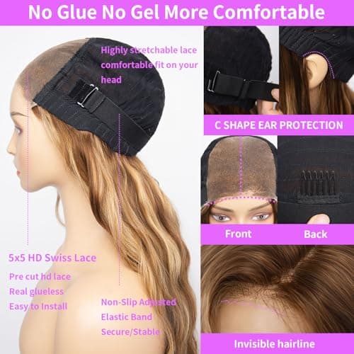 Yeuoin #4/27 Ombre Highlight Lace Front Wigs Human Hair Pre Cut 5X5 Glueless Honey Blonde Body Wave Wigs for Women Pre Plucked with Baby Hair Lace Closure wig 200% Density(36inch) - Thumbnail 3