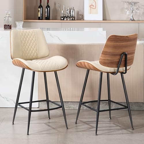 BERYTH Counter Height Barstools Set of 2, 26.9" Armless Stools with Metal Legs, Walnut Pub Chair in Modern Style, PU Leather Bentwood Bar Chair for Home Counter, Kitchen Dining Island, Cafe(Beige) - Image 1