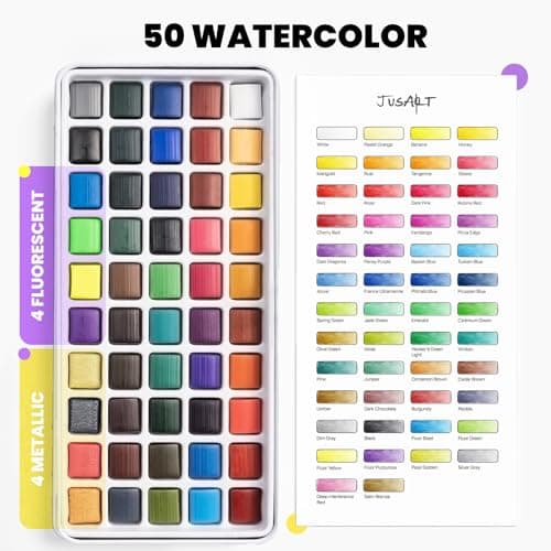 JusArt 50 Colors Watercolor Paint Set,Art Supplies with Metallic Color, Detail Painting Brushes, Water Brush Pens, Portable Travel Watercolor Painting Set for Adult, Artists, Professionals - Thumbnail 2