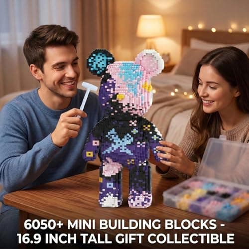 SehrKlug 16.9" Graffiti Purple Teddy Blocks Bear Building Bricks Set for Adults, Collectible Home Decor for Bedroom, Office, or Book Shelf - Relaxing Activity for Men Women - Birthday Gift, Ages 14+ - Thumbnail 3
