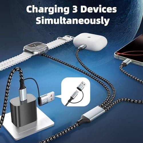 MPATIBY Travel Essentials, 3 in 2 UB A/USB C Cable for Watch Charger, Multi Phone Charging Cable/Cord for All Devices for iWatch Ultra/SE/10-1, Phone16 15 14, Android, iPads, More (2Packs 5FT) - Thumbnail 2