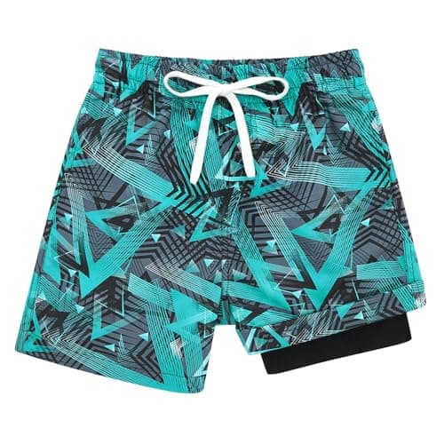 Cozople Swim Trunks for Boys Quick Dry Swim Shorts Compression Bathing Suits Green Anti Chafe Swimwear Geometry Swimsuits with Boxer Brief Liner Size 8 - Image 1