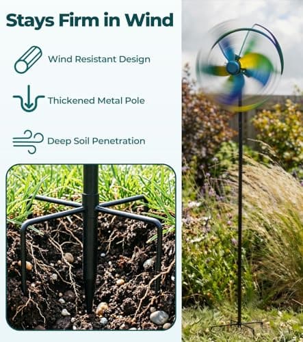 Gronhof Wind Spinners Outdoor for Yard and Garden, 63" Metal Kinetic Garden Sculpture, Double-Sided Wind Spinner with Stable 5-Prong Stake, Weather-Resistant Outdoor Decor - Thumbnail 4