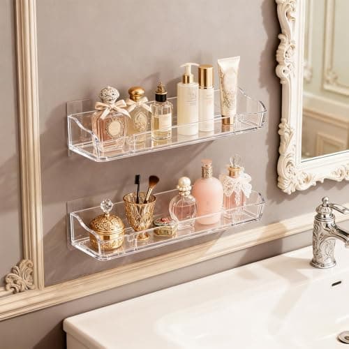 4 Packs Clear Floating Display Shelves for Wall, Clear Acrylic Card Display Shelf Room Decor for Doll Figurine/Book/Photo/Makeup in Living Room, Bedroom, Kitchen Storage and Bathroom Wall Organizer (4) - Thumbnail 4