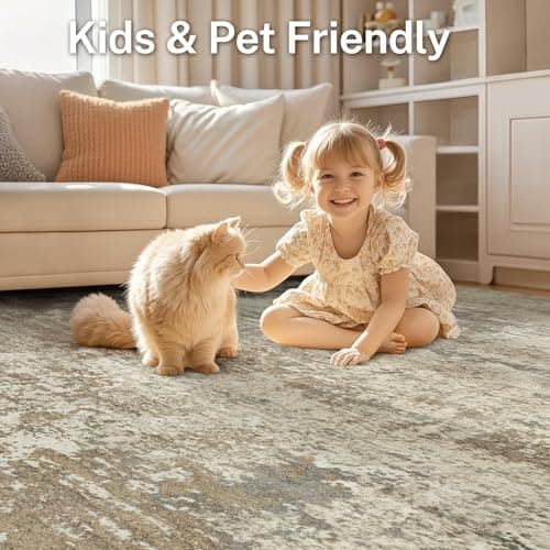 Micgeek Area Rug Living Room - 5X8 Abstract Washable Large Soft Foldable Non Slip Rug Neutral Modern Low Pile Carpet for Bedroom Nursery Dining Room Kitchen Home Office Indoor - Khaki - Thumbnail 6