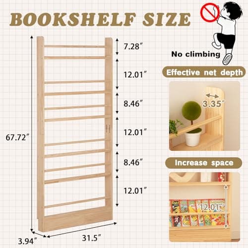 Baveke Kids Bookshelf, 6 Tier Shelves Behind The Door Book Shelf Storage, Children's Solid Wood Bookcase, Wall Mount Bookshelf for Bedroom, Living Room, Nursery（（FSC-Certified Wood）） - Thumbnail 2