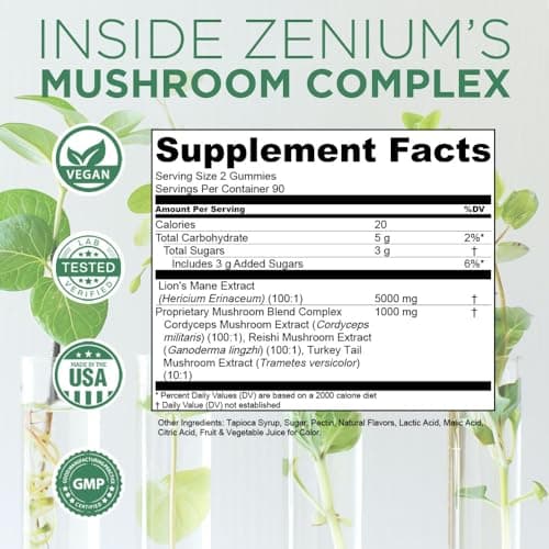 Zenium - Mushroom Complex 90 Gummies of 5000mgs of Lions Mane, 1000mgs of Reishi, Cordeyceps & More | Relieve, Tension, Worry & Irritability | Calm Mind & Body | Ayurvedic | Natural Relief Supplement - Thumbnail 3