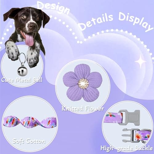Small Dog Collar with Flower, Puppy Collar for Girl Dog Collars for Small Dogs Cute Dog Collar with Bell, Adjustable Length - Thumbnail 2
